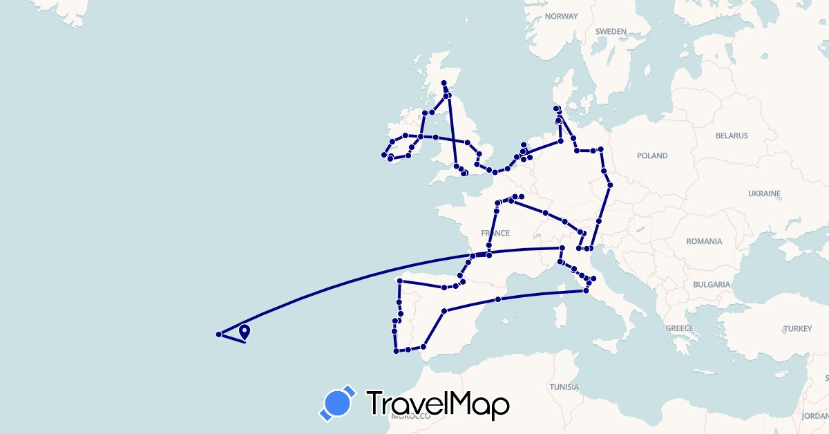 TravelMap itinerary: driving in Austria, Belgium, Switzerland, Czech Republic, Germany, Denmark, Spain, France, United Kingdom, Ireland, Italy, Netherlands, Portugal (Europe)